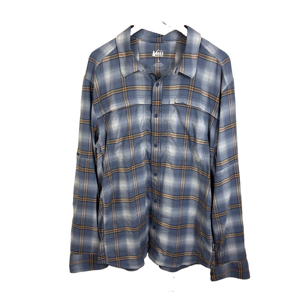 REI Button Down Shirt Men’s L Nylon Plaid Roll Tab Gorp Outdoor Hiking Fishing